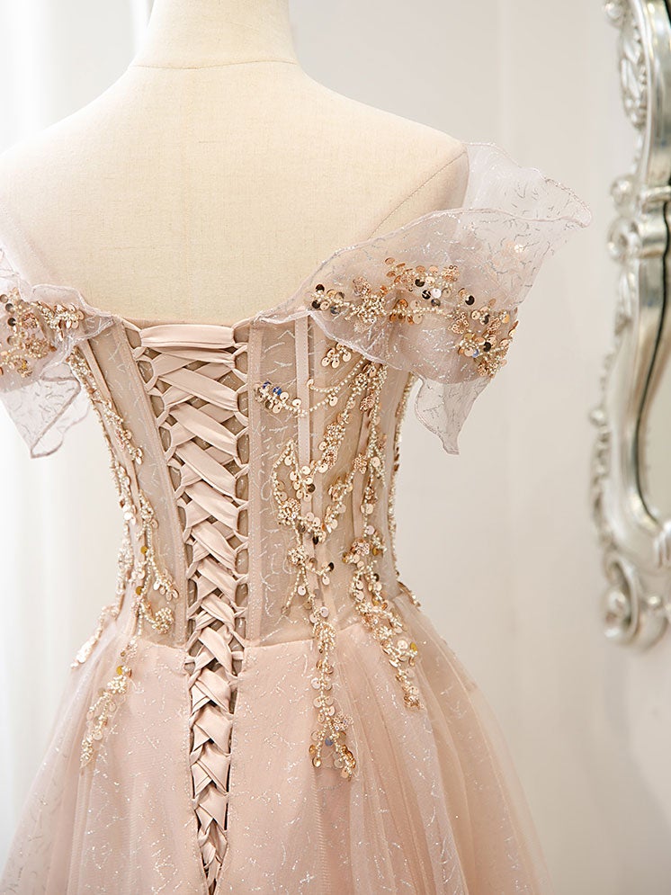 Vestido de fiesta rosa con hombros descubiertos de tul brillante, cuentas y encaje 