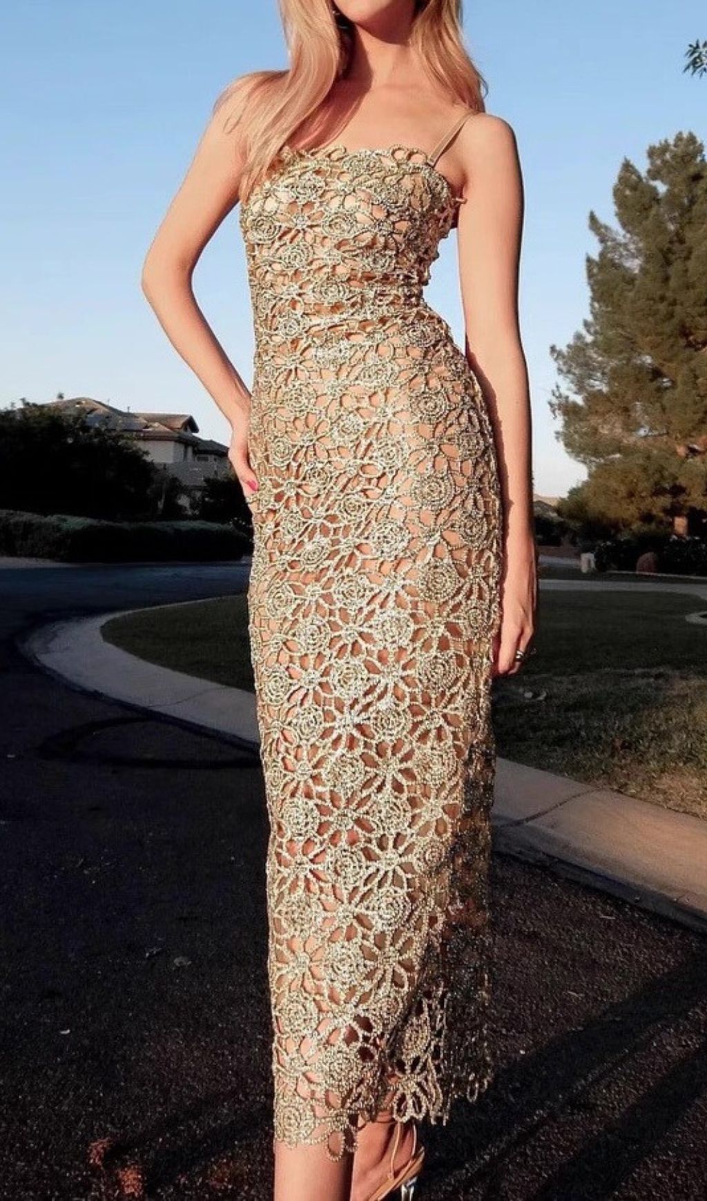 Kakalina Golden Crochet Maxi Dress