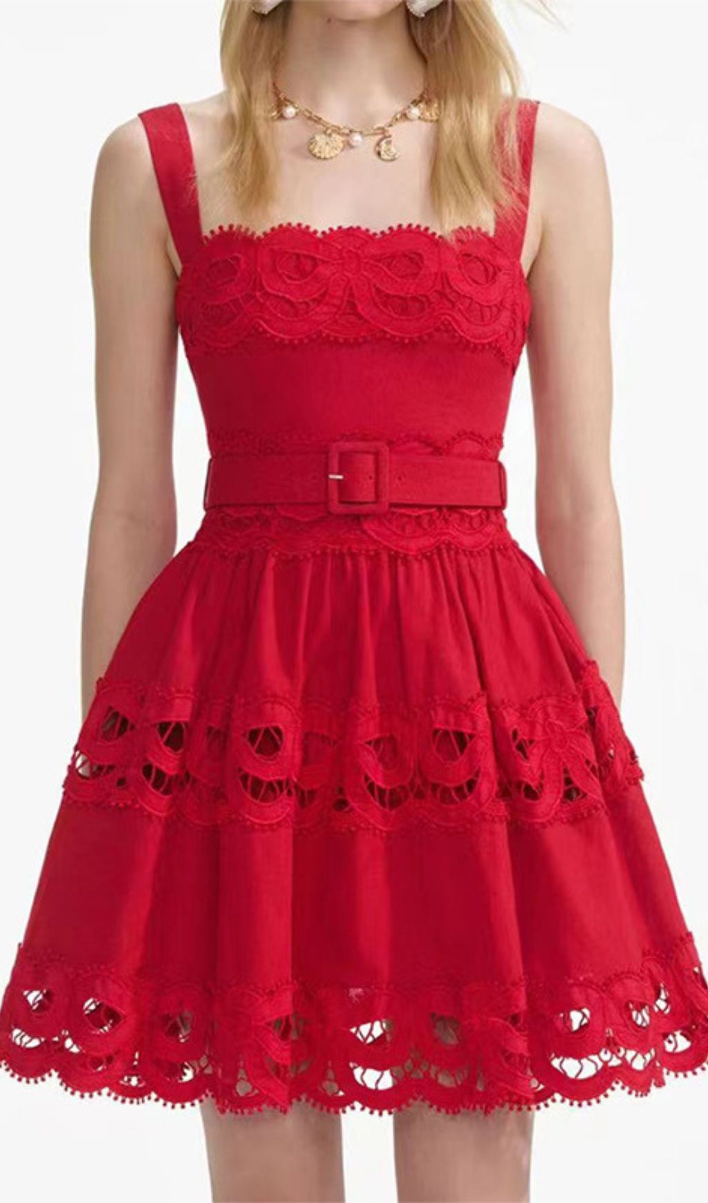 Evodia Flirty Red Embroidered Mini Dress with Chic Eyelet Cutouts & Belt