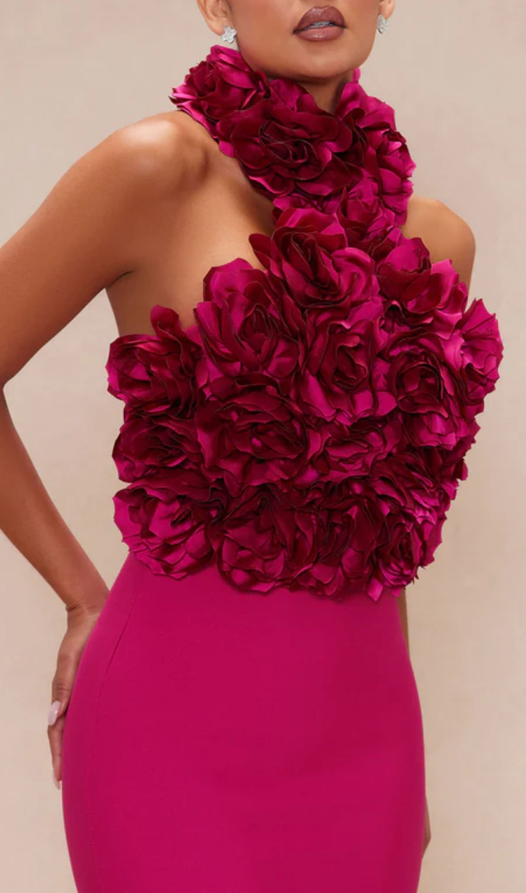 Vibrant Hot Pink Floral Halter Midi Dress