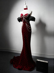 Vestido formal largo de sirena de terciopelo rojo vino con cuentas 