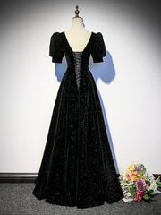 A-line Black Shiny Velvet Short Sleeves Prom Dress