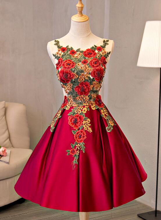 Beautiful Red Lace Applique Flower Homecoming Dress