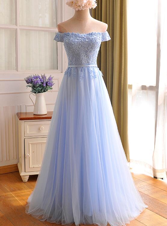 Elegant Light Blue Lace Applique Top Long Party Dress