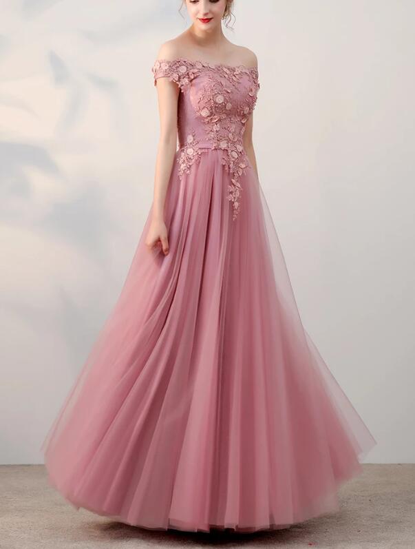 Pink Off Shoulder Tulle Long Party Dress