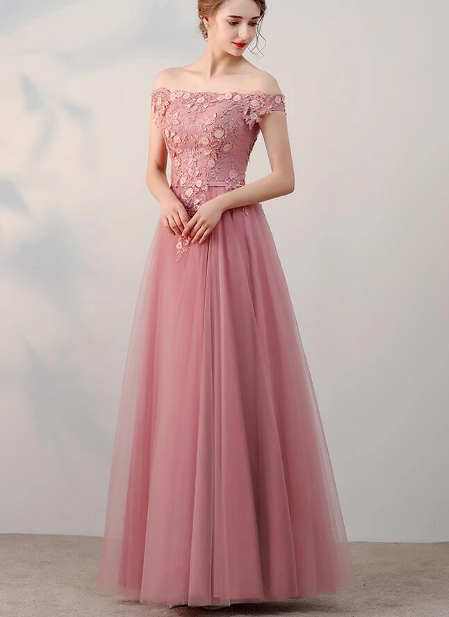 Pink Off Shoulder Tulle Long Party Dress