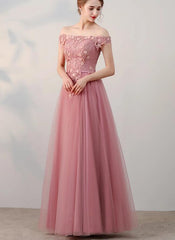 Pink Off Shoulder Tulle Long Party Dress