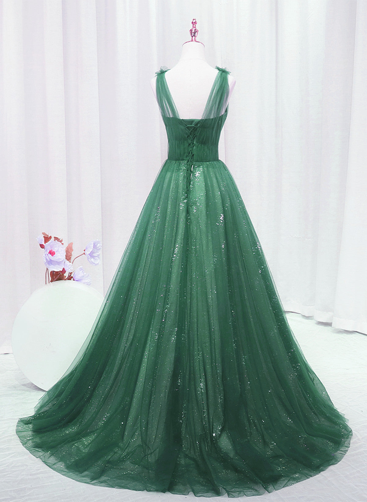 A-line Green Sweetheart Beaded Tulle Prom Dress