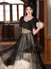 Vestido de fiesta largo de tul con mangas cortas y corte en A, color negro 