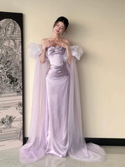 Vestido de noche largo elegante con escote en forma de corazón de satén morado claro 