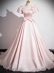 Vestido de fiesta rosa de satén largo con mangas cortas 
