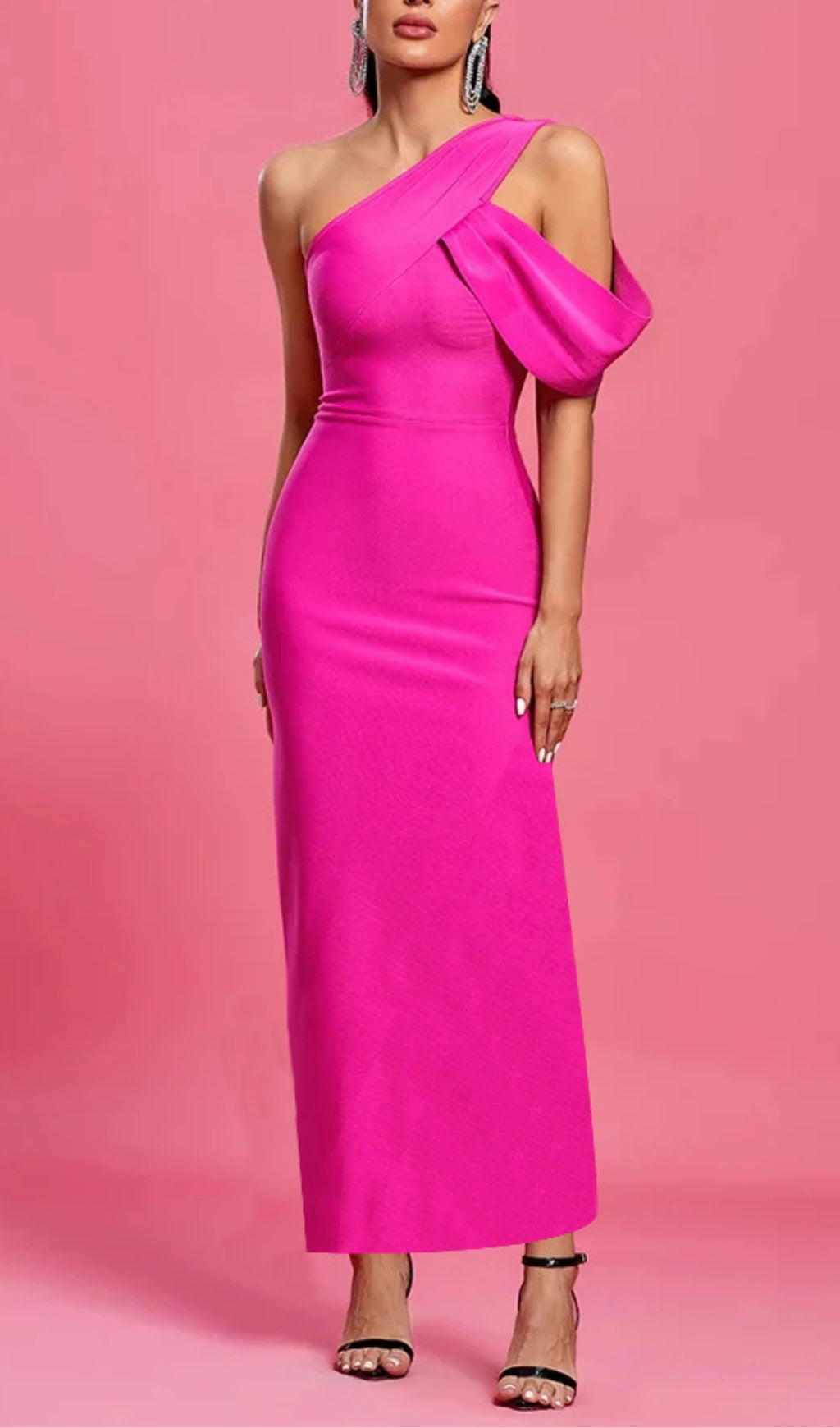 Glamorous Hot Pink One-Shoulder Maxi Dress with Asymmetrical Hem