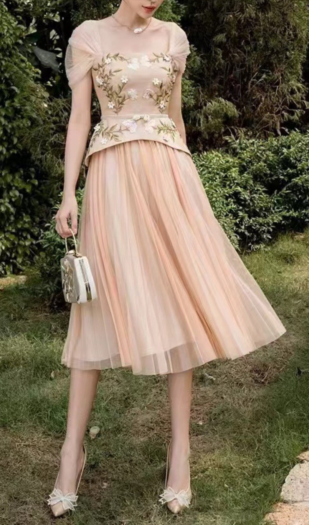 Brice Elegant Floral Embroidered Peplum Midi Dress