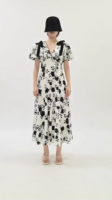 Filip Chic Black & White Floral V-Neck Midi Dress with Puff Sleeves