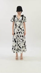 Filip Chic Black & White Floral V-Neck Midi Dress with Puff Sleeves