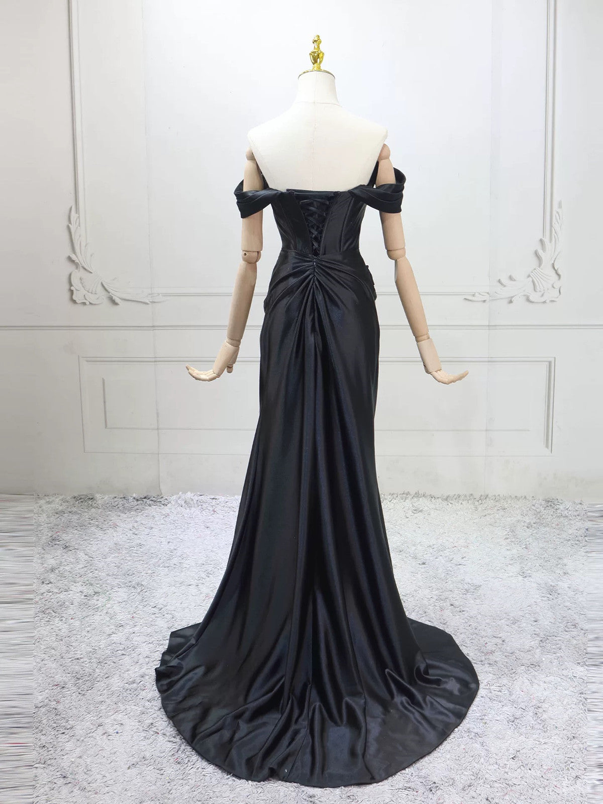 Black Mermaid Satin Off Shoulder Lace-up Prom Dress