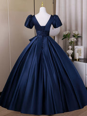 Vestido de fiesta azul marino de satén con escote en forma de A y mangas cortas 