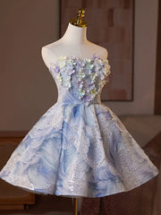Light Blue Floral Strapless Knee Length Party Dress