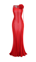 Vibrant Red Sheer Floral Maxi Gown