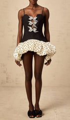 Davina Glamorous Black & Polka Dot Mini Dress with Sparkle Bows