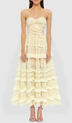 Glora Mint Green Strapless Tiered Lace Maxi Gown