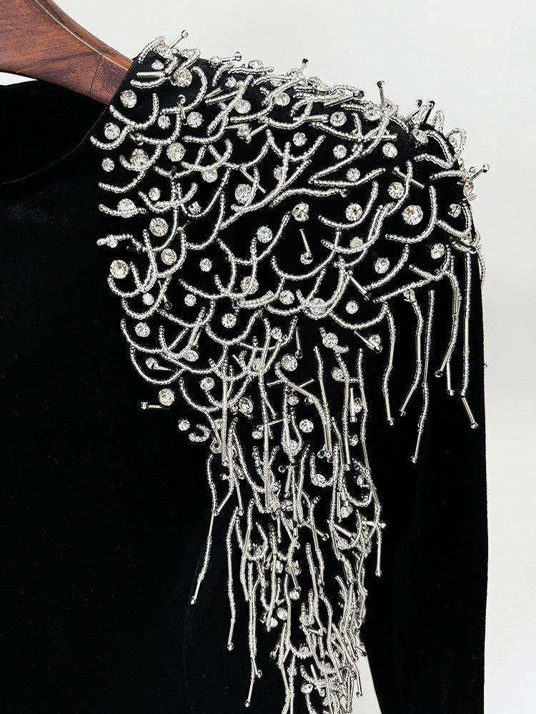 Jovia Black Velvet Beaded Maxi Gown