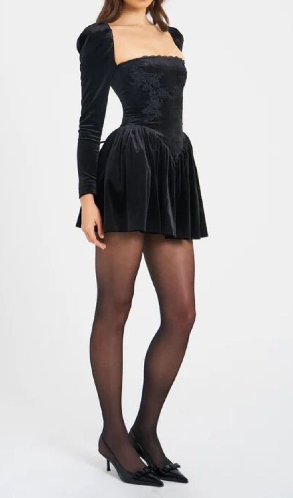 Carlyn Chic Black Velvet Puffed Sleeve Mini Dress