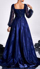 Elegant Cruise Blue Sequin Sheer Sleeve Maxi Gown