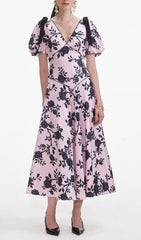 Filip Pink Floral V-Neck Midi Dress with Puff Sleeves & Tie Details
