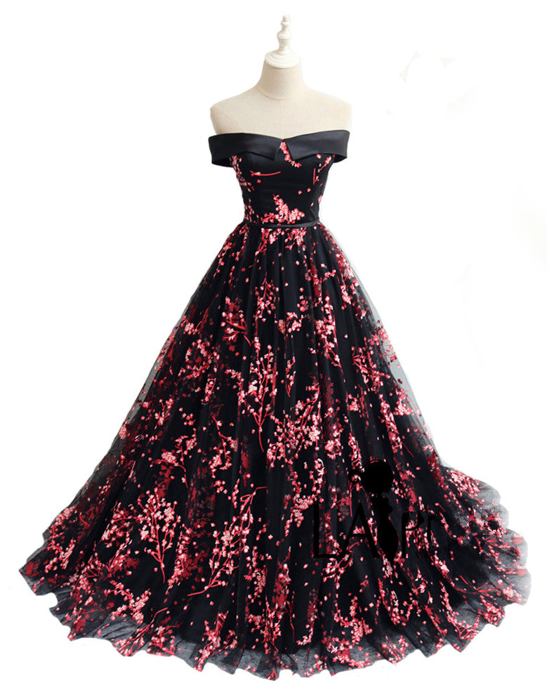 Charming Black Floral Tulle A-line Party Dress