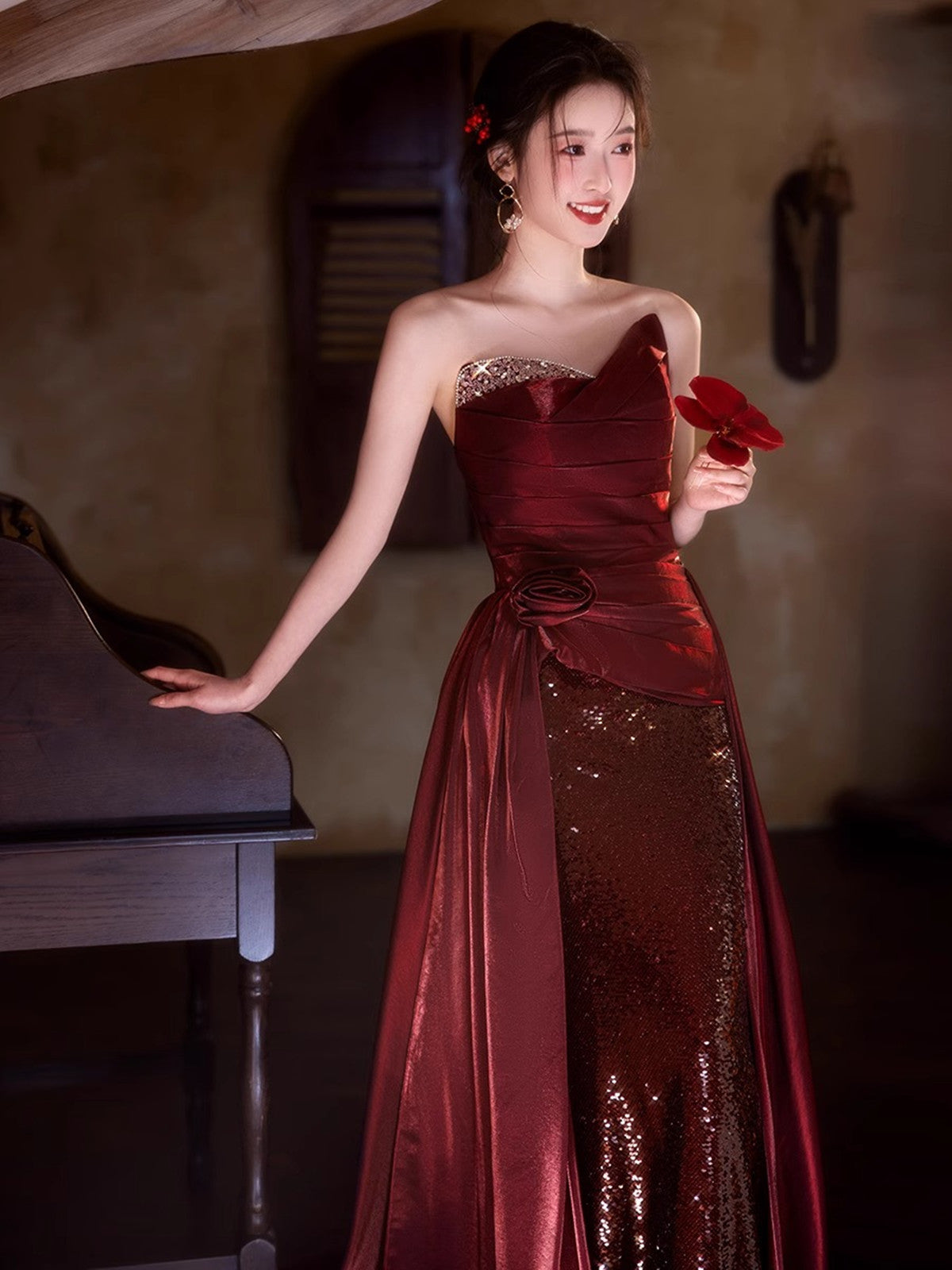 Wine Red Satin and Sequins Long Strapless Party Dress
