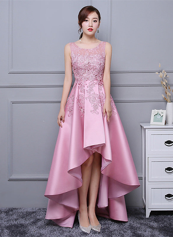 Beautiful Pink High Low Satin and Lace Homecoming Dress