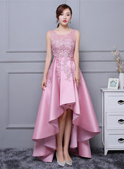 Beautiful Pink High Low Satin and Lace Homecoming Dress