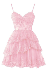 Vestido de fiesta con escote en forma de corazón de tul rosa y apliques de encaje 