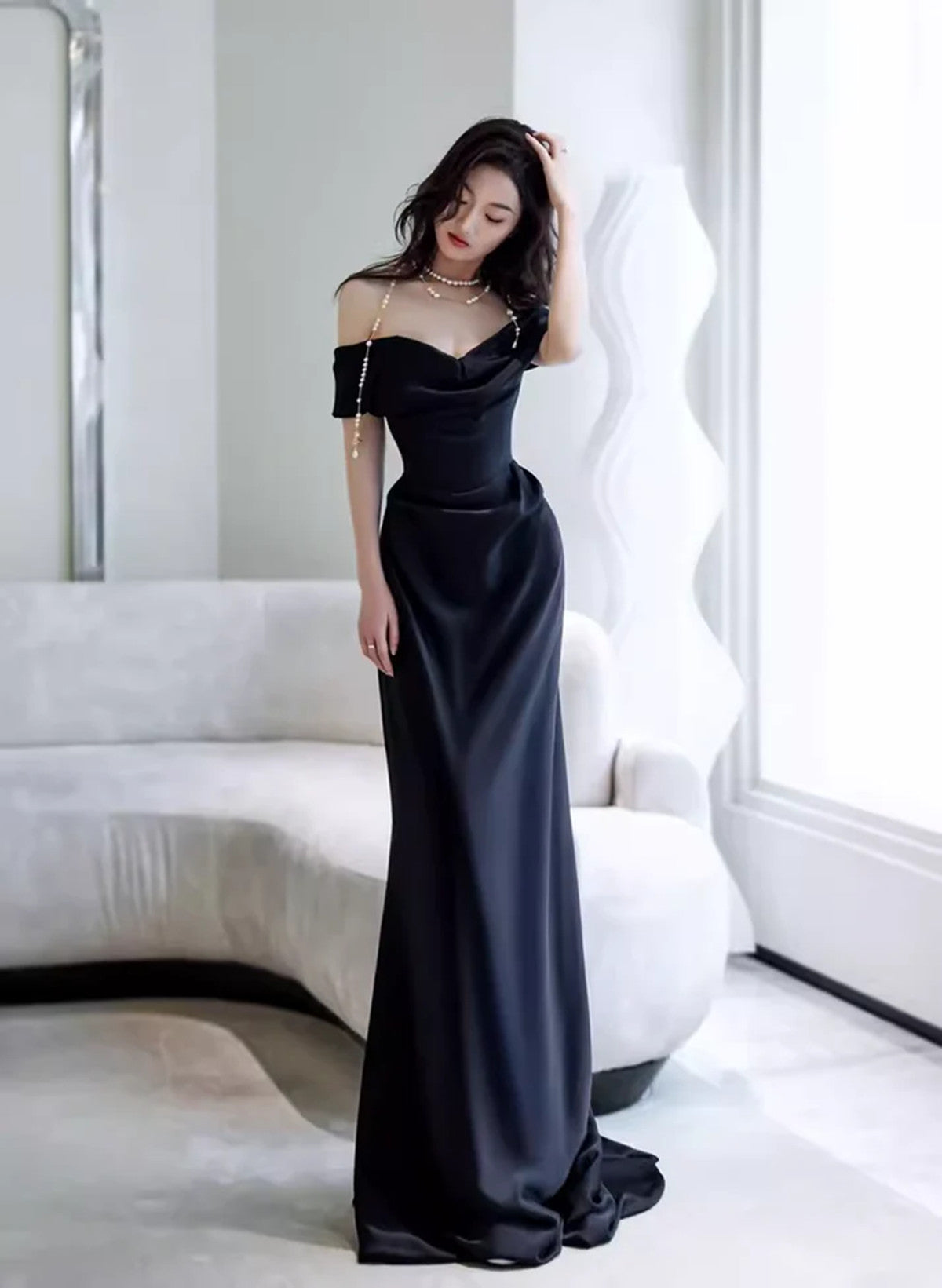 Black Off Shoulder Soft Satin Floor Length Party Dress