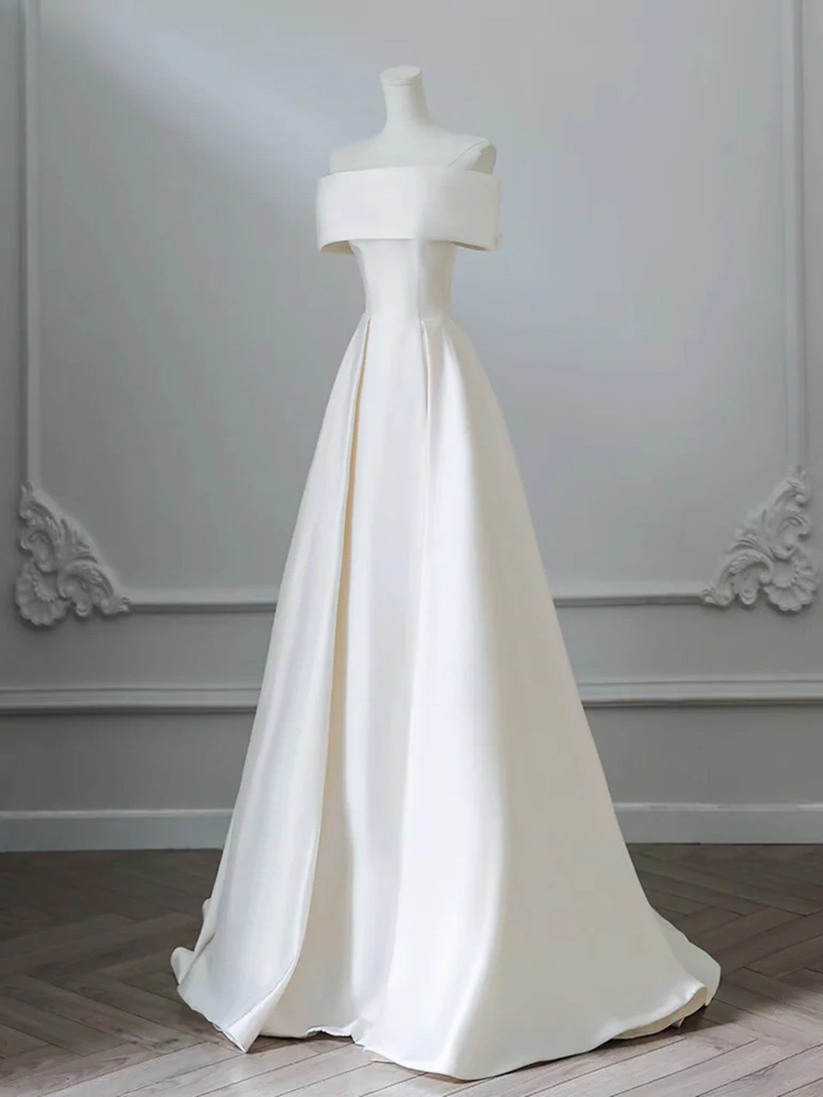Simple A-line Ivory Satin Off Shoulder Long Party Dress