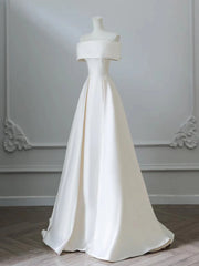 Simple A-line Ivory Satin Off Shoulder Long Party Dress