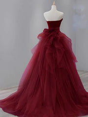 Glam Wine Red Satin And Tulle Long Party Dress
