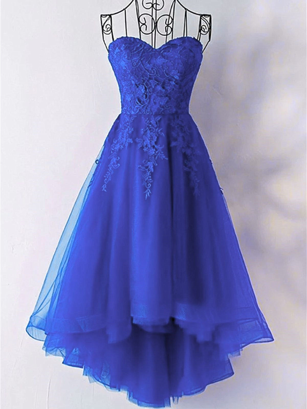 Royal Blue Tulle with Lace Applique High Low Party Dress