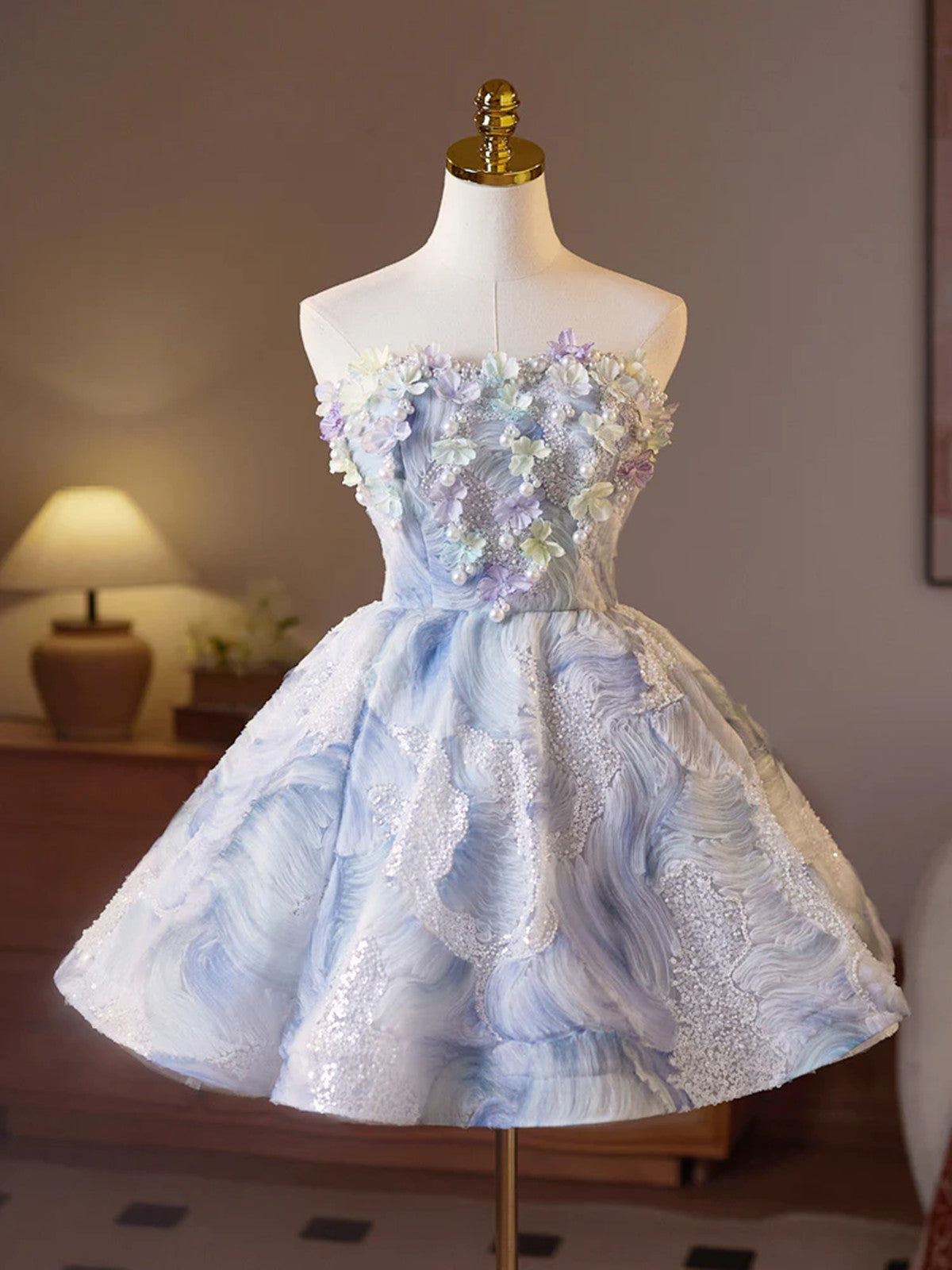 Light Blue Floral Strapless Knee Length Party Dress
