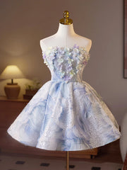 Light Blue Floral Strapless Knee Length Party Dress