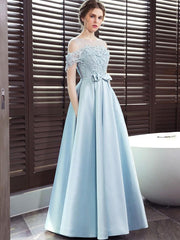Blue Satin A-line Lace Off Shoulder Floor Length Party Dress