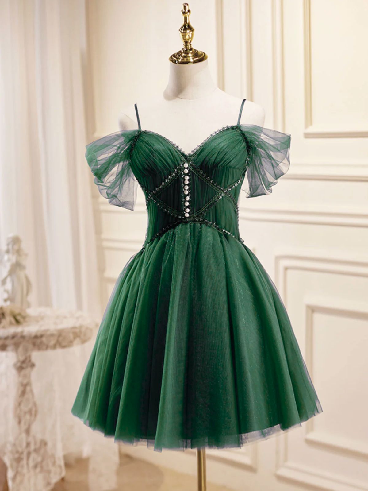 Green Tulle Knee Length Homecoming Dress