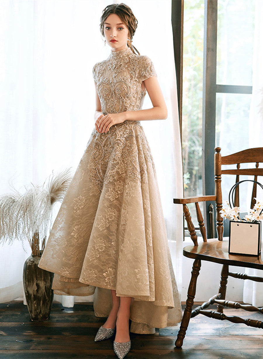 Champagne Lace High Low Short Sleeves Prom Dress