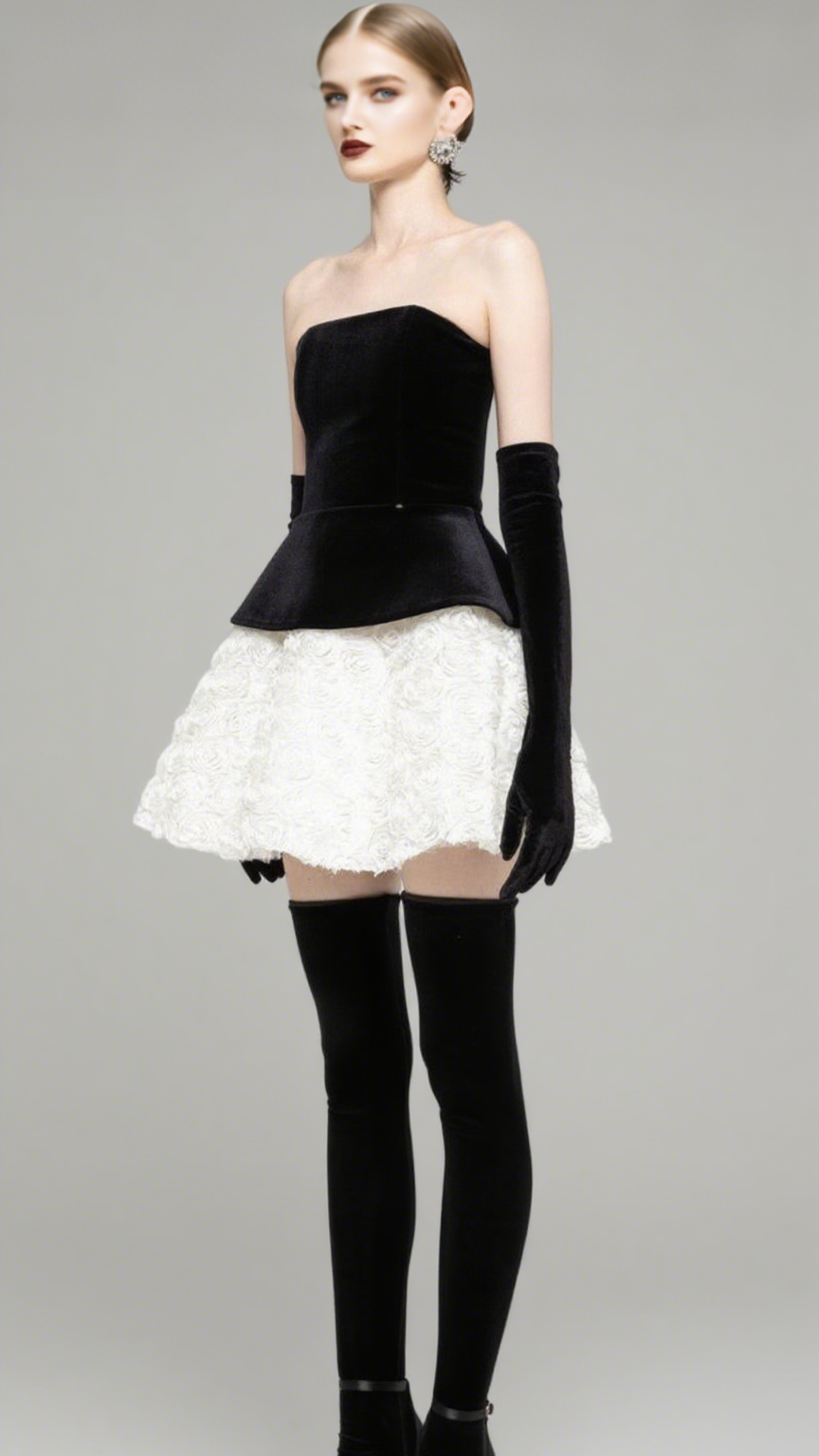 Velvet & 3D Floral Strapless Mini Dress Set