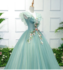 Hermoso vestido largo de tul verde con apliques de encaje para dulces 16 