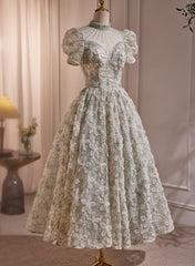 Vestido de fiesta de encaje, manga corta, con cuentas y largo hasta la rodilla 