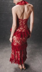 Eavan Elegant Red Lace Halter Peplum Midi Dress