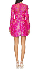Iban Hot Pink Floral Embroidered Long Sleeve Mini Dress