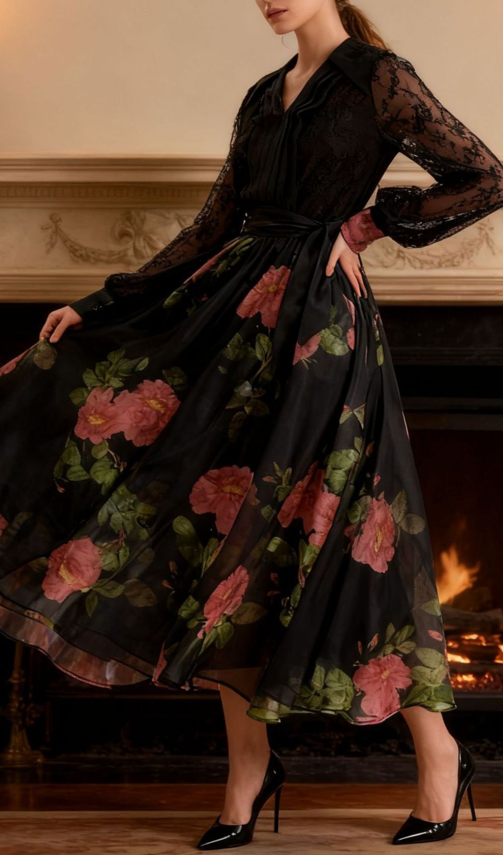 Isaye Elegant Black Floral Lace Midi Dress